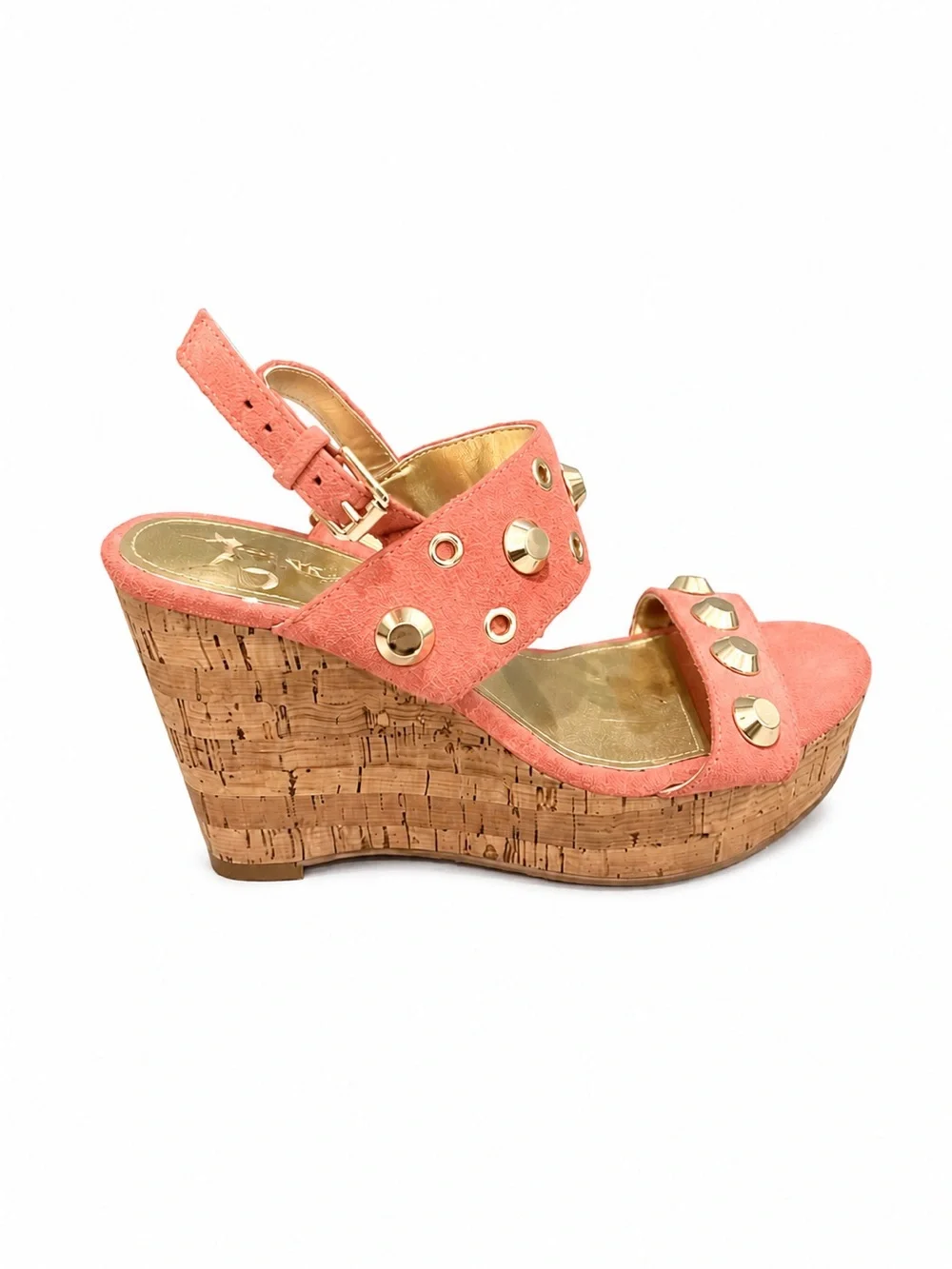 Ivanka Trump Coral Suede Cork Wedge Sandals with Gold Studs Size 5